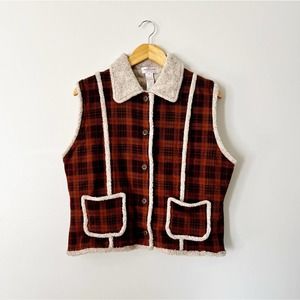 90s Brown Plaid Shearling Cropped Vest | Medium